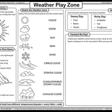 Weather Play Zone placemat with activities including cloud matching, weather forecast drawing, and weather clothing choices