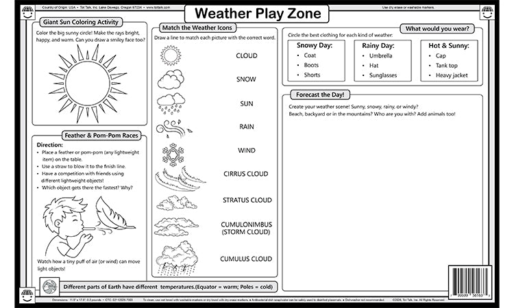 Weather Play Zone placemat with activities including cloud matching, weather forecast drawing, and weather clothing choices