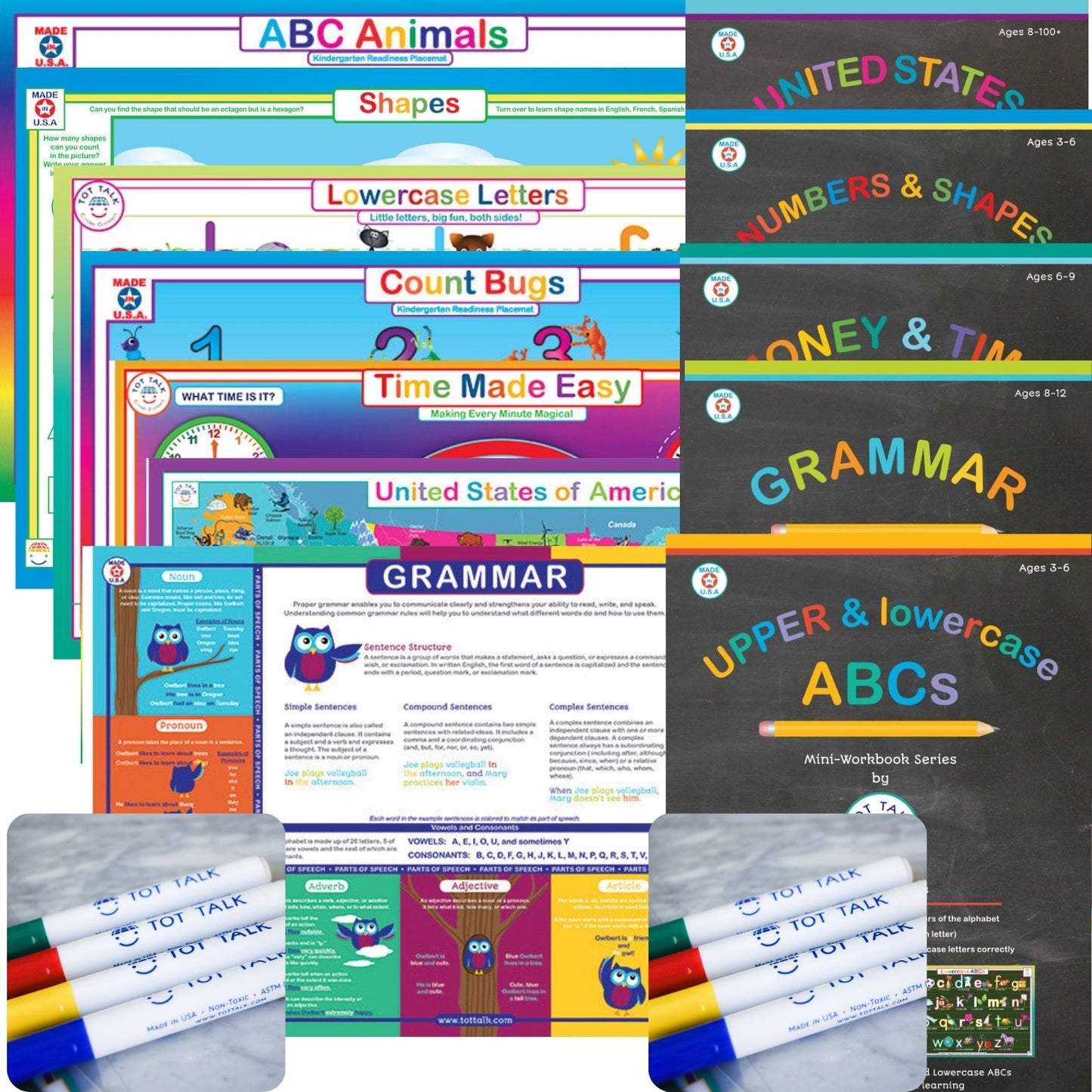 Tot Talk full learning set with educational placemats mini workbooks and markers for kids
