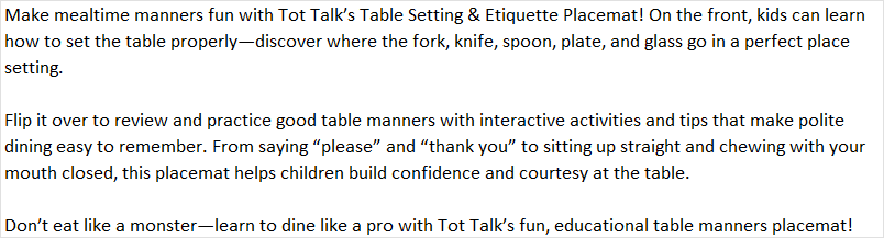 Table SEtting & Etiquette Placemat