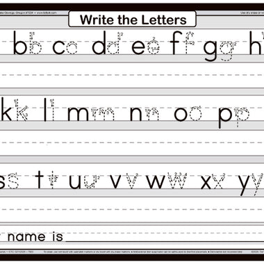 Lowercase letters handwriting practice placemat with tracing lines for alphabet writing