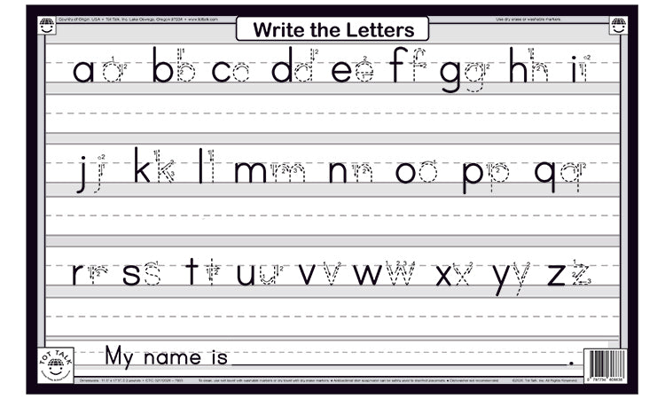 Lowercase letters handwriting practice placemat with tracing lines for alphabet writing