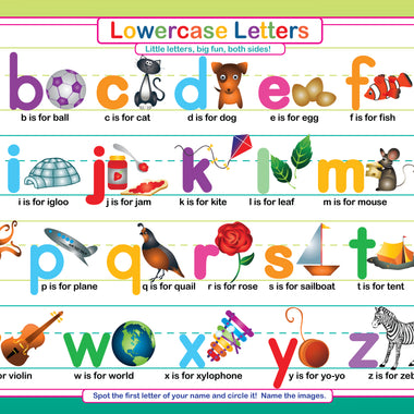 Lowercase Letters learning placemat for kids with colorful alphabet illustrations and phonics picture cues