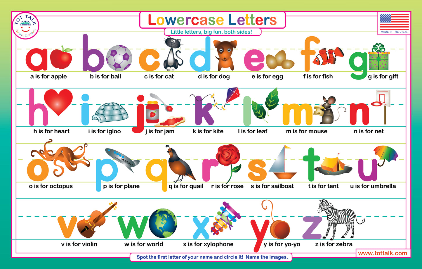 Lowercase Letters learning placemat for kids with colorful alphabet illustrations and phonics picture cues