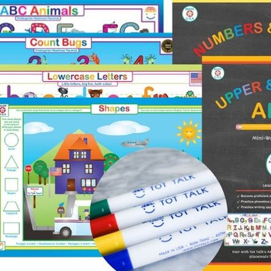 Preschool and kindergarten learning set with reusable placemats, mini workbooks and washable markers by Tot Talk