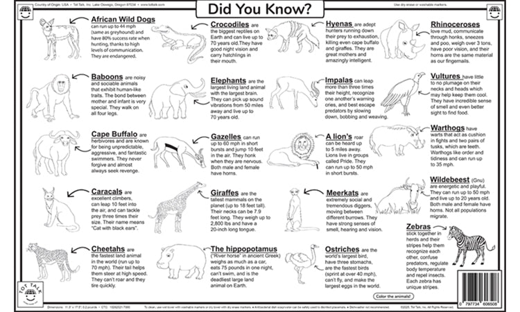 Savannah Safari placemat back with African animal facts and wildlife coloring activity