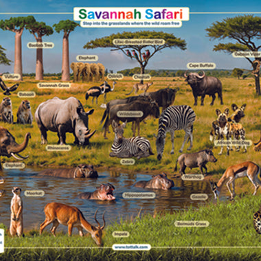 Savannah Safari placemat showing African animals including lion giraffe elephant zebra and cheetah 