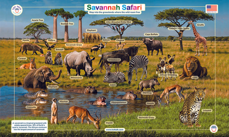 Savannah Safari placemat showing African animals including lion giraffe elephant zebra and cheetah 