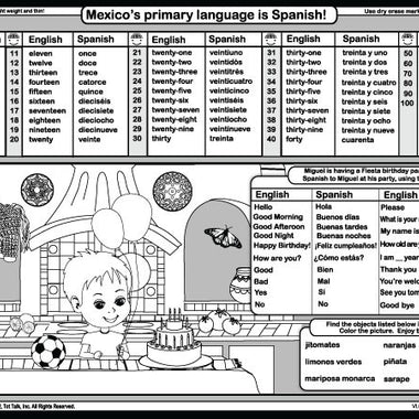 Mexico geography map placemat with Spanish numbers and phrases