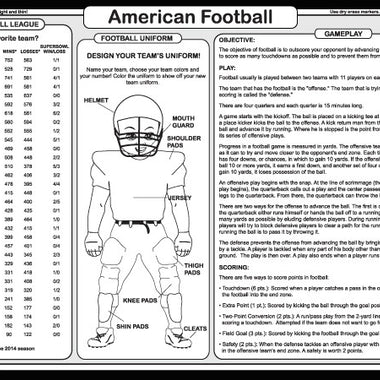 Football learning placemat back with basic rules, gameplay structure, and uniform design activity
