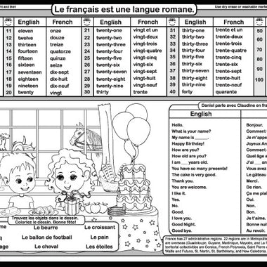 French numbers and vocabulary learning placemat with counting to 100 and simple phrases