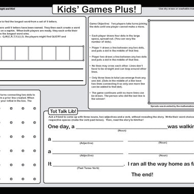 Kids Games placemat back with word creation, connect the dots, and logic games