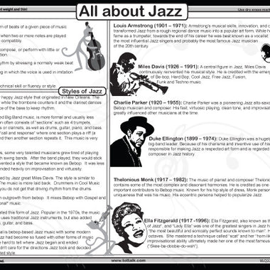Jazz music educational placemat with jazz terms, styles, and famous musicians
