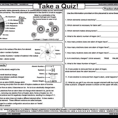 Tot Talk Periodic Table Placemat back side with black-and-white chemistry diagrams, atom structure explanations and quiz questions
