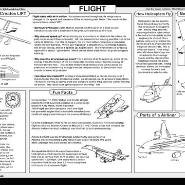 Airplanes placemat back side teaching how flight works — lift, thrust, drag, weight, aircraft parts, and paper airplane instructions.