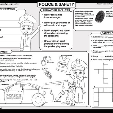 Police & Safety Placemat back with safety tips, police equipment, fingerprints, and crossword activity for children