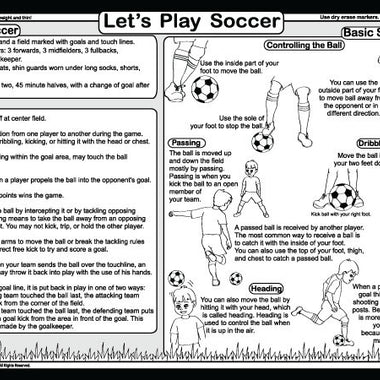 Soccer learning placemat back with basic rules and soccer skills like dribbling and passing