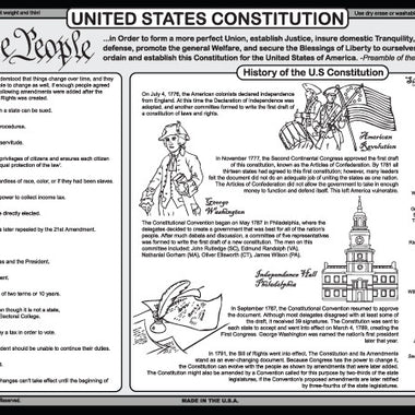 U.S. Constitution placemat back side with amendments, Founding Fathers, and civics history.
